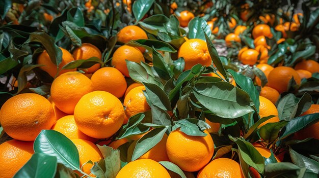 A bunch of oranges with green leaves on them