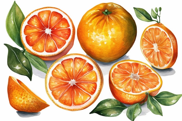 A bunch of oranges with green leaves on them