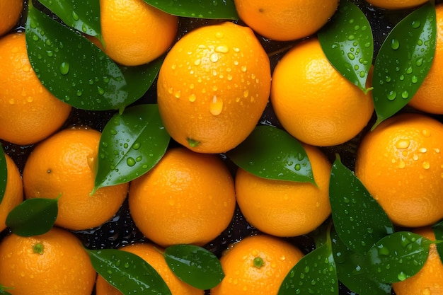 A bunch of oranges with green leaves and water droplets on them
