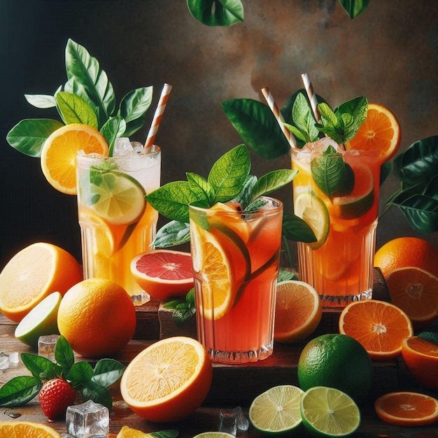 a bunch of oranges with mint leaves and straws on them