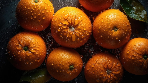 A bunch of oranges with water droplets on them