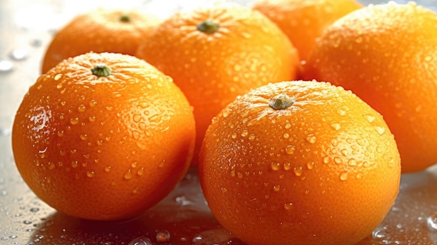 A bunch of oranges with water droplets on them