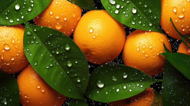 A bunch of oranges with water drops on them