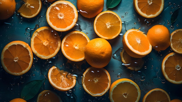 A bunch of oranges with water on them