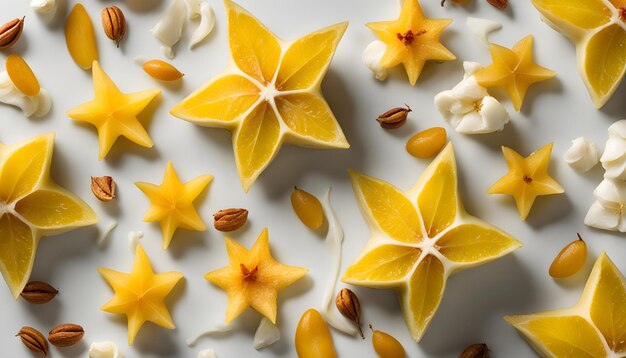 a bunch of oranges and yellow and white popcorn are on a white surface