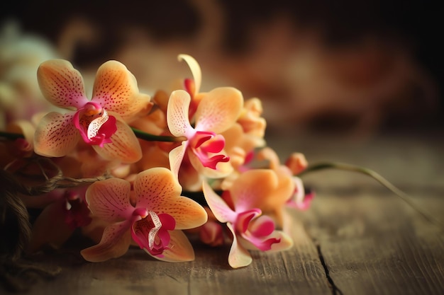 A bunch of orchids on a wooden table