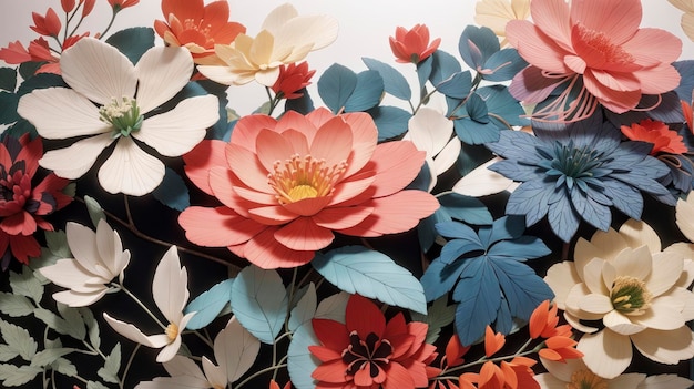 a bunch of paper flowers are on display in a room with a white wall