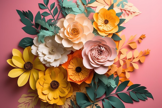 a bunch of paper flowers arranged in a bouquet on a pink backdrop