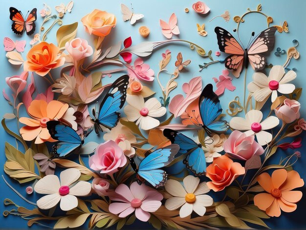 a bunch of paper flowers and butterflies on a blue surface with a blue background