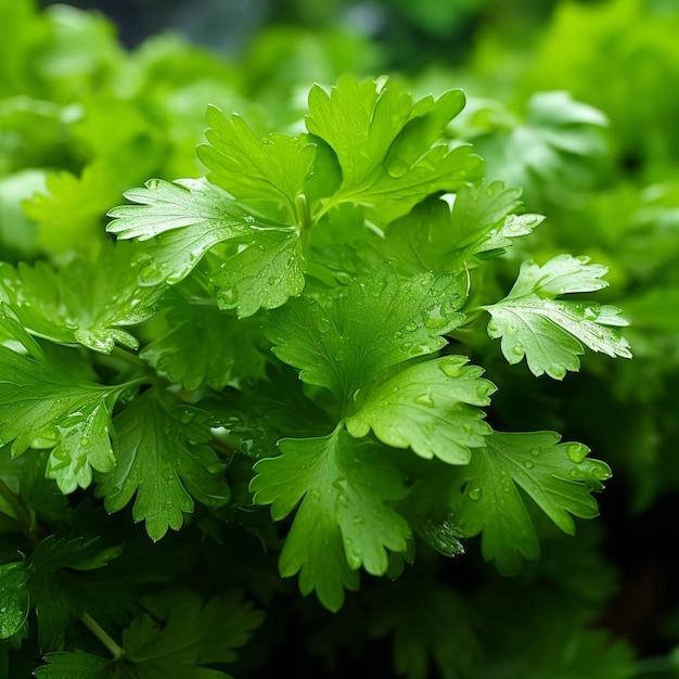 a bunch of parsley is growing in a pot with water drops.