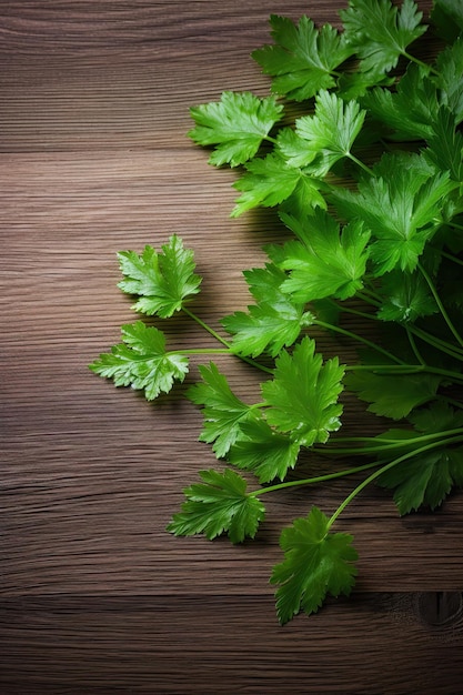 A bunch of parsley on a wooden table