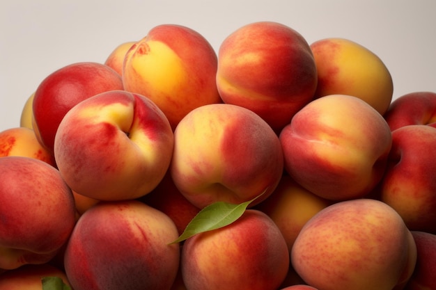 A bunch of peaches are stacked together, one of which is peach.