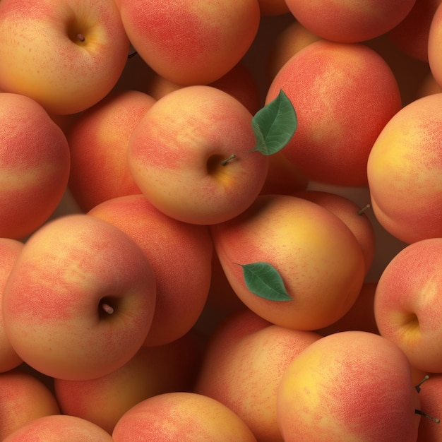 A bunch of peaches with a green leaf on it