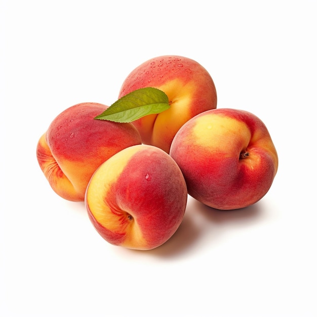 A bunch of peaches with a leaf on it