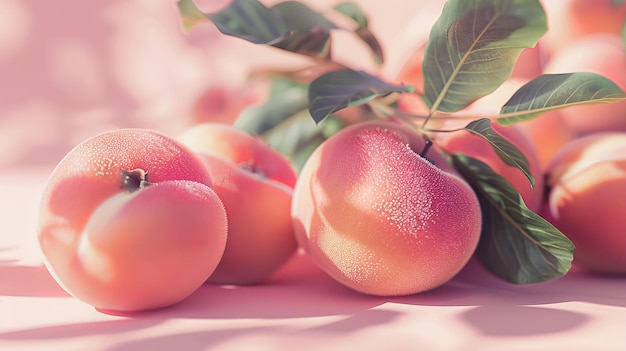 A bunch of peaches with leaves