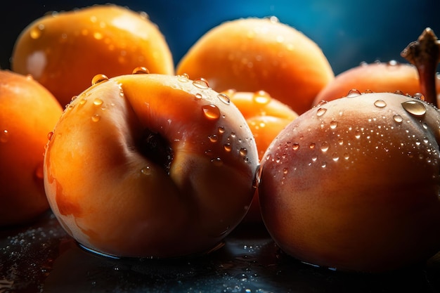 A bunch of peaches with water droplets on them