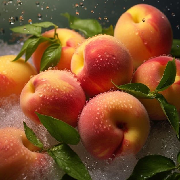 A bunch of peaches with water drops on them