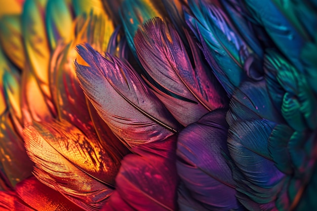 a bunch of peacock feathers are shown with a rainbow colored background