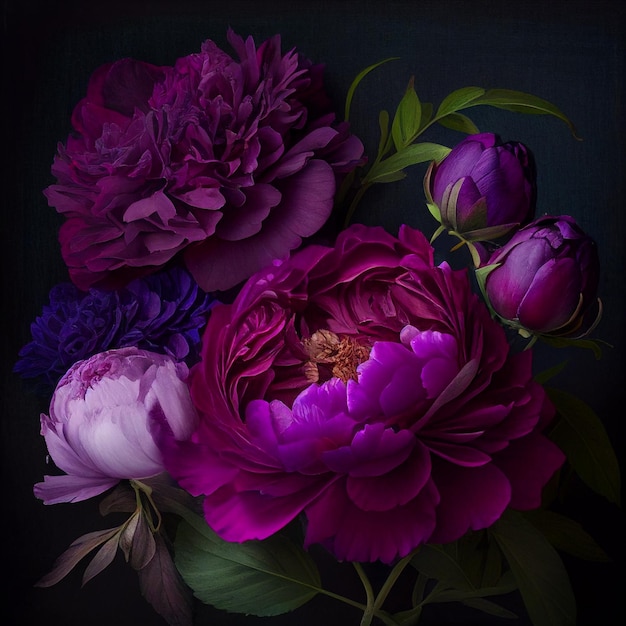 A bunch of peonies are in a vase with one of them being a flower.
