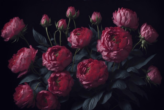 A bunch of peonies in a dark room