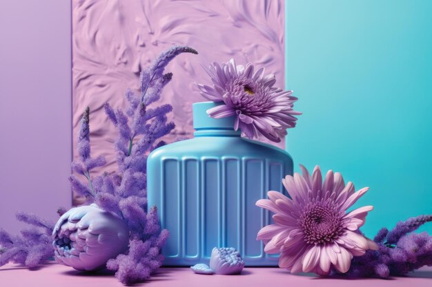 A bunch of perfumes and flowers with a bottle of perfume on the table 3d rendering