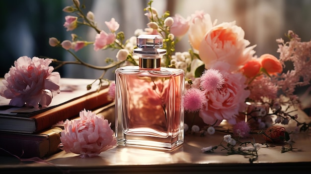 A bunch of perfumes and flowers with a bottle of perfume on the table