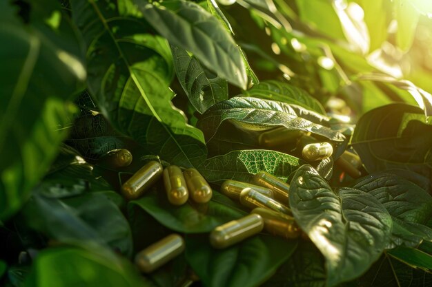 A bunch of pills are on a leaf