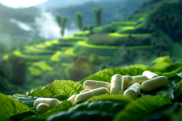 Photo a bunch of pills are on a leafy green plant