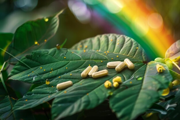 A bunch of pills are scattered on a leaf