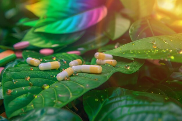 A bunch of pills are scattered on a leaf