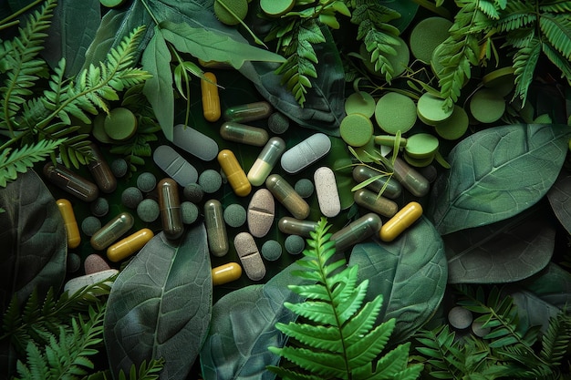 A bunch of pills are scattered on a leafy green background