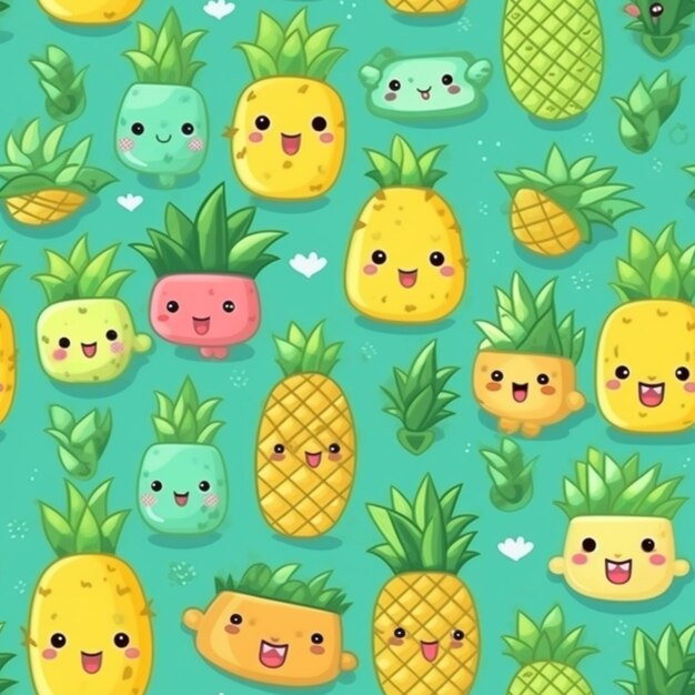 A bunch of pineapples with faces and leaves on a blue background generative ai