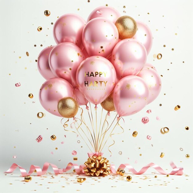 a bunch of pink balloons with the words happy in the middle