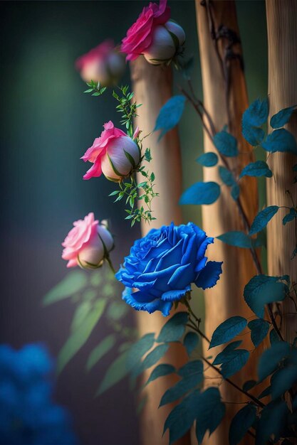 Premium%20Photo%20|%20Bunch%20of%20pink%20and%20blue%20roses%20in%20a%20vase%20generative%20ai
