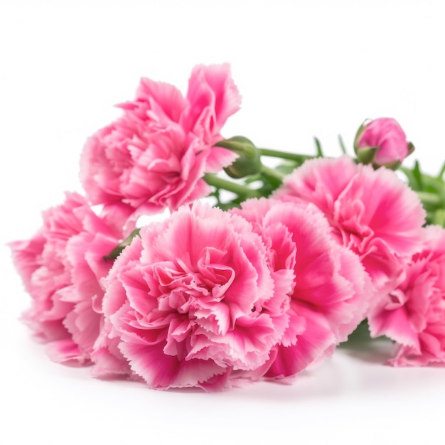 A bunch of pink carnations are on a white background.