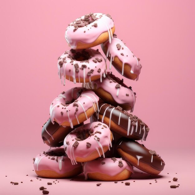 a bunch of pink and chocolate donuts on a pink background