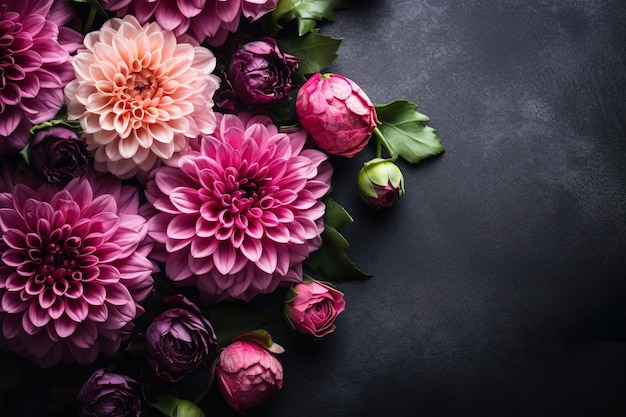 A bunch of pink dahlias on a black background