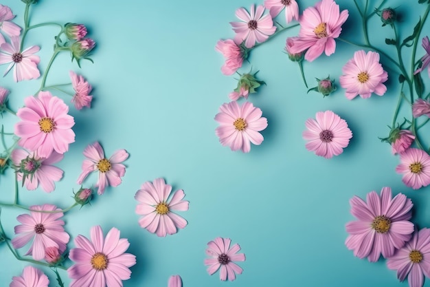 A bunch of pink flowers on a blue background generative AI