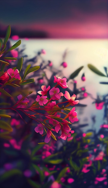 Bunch of pink flowers next to a body of water generative ai