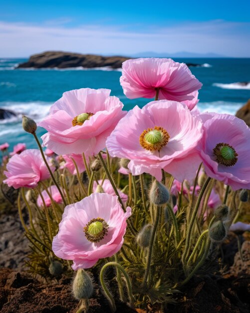 Foto un grappolo di fiori rosa vicino all'acqua