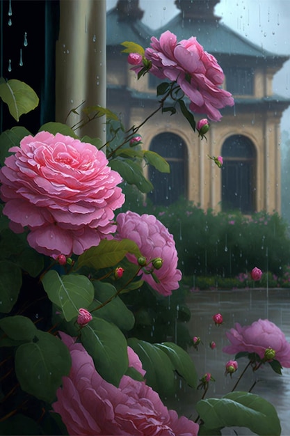 Bunch of pink flowers in front of a building generative ai
