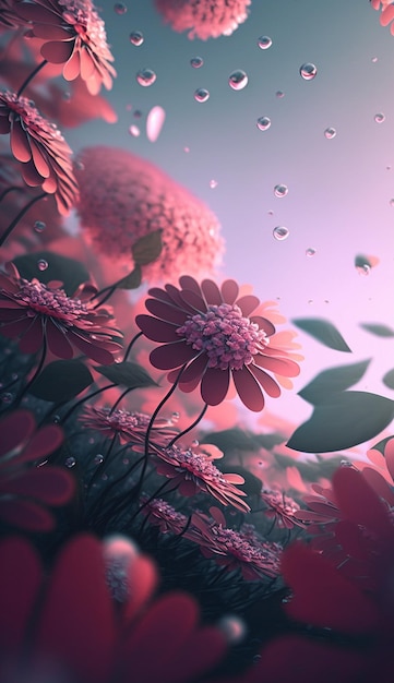 Bunch of pink flowers sitting on top of a lush green field generative ai