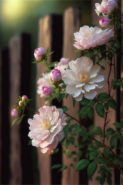 Bunch of pink flowers sitting on top of a wooden fence generative ai