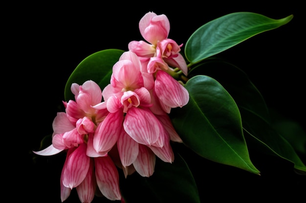A bunch of pink flowers with black background
