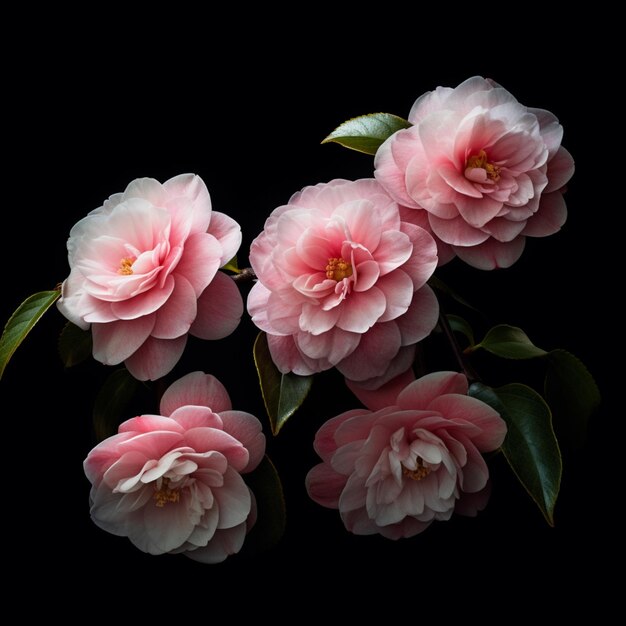 A bunch of pink flowers with green leaves on a black background