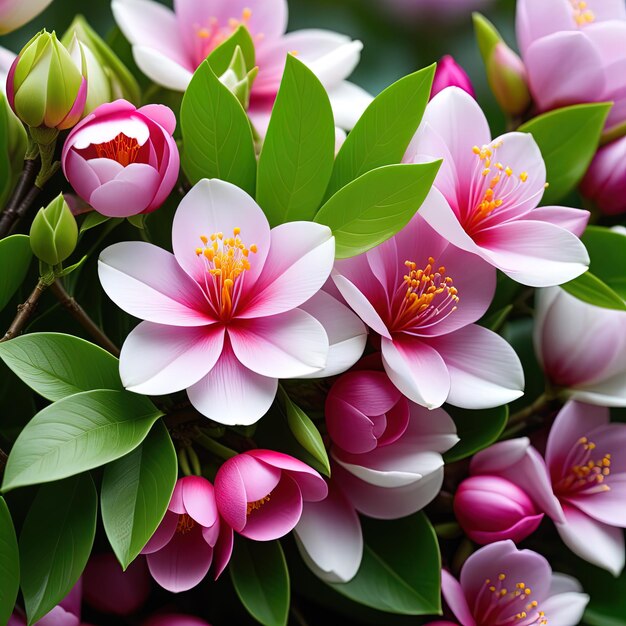 a bunch of pink flowers with green leaves