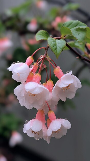 イロハモミジの葉が付いたピンク色の花の束。