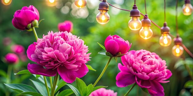 Photo a bunch of pink flowers with lights hanging from it feriadelas flores