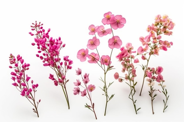 A bunch of pink flowers with one that says'spring'on it