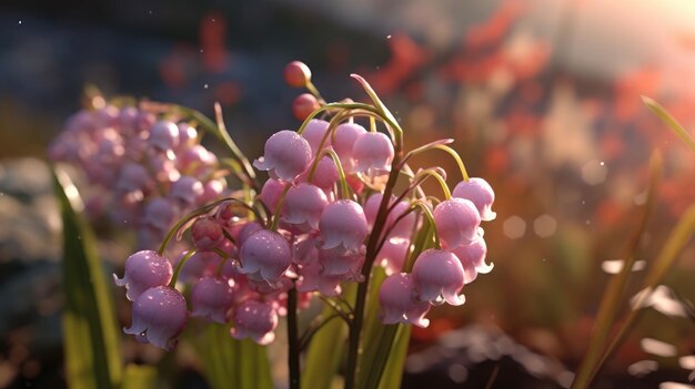 A bunch of pink flowers with the red leaves in the background